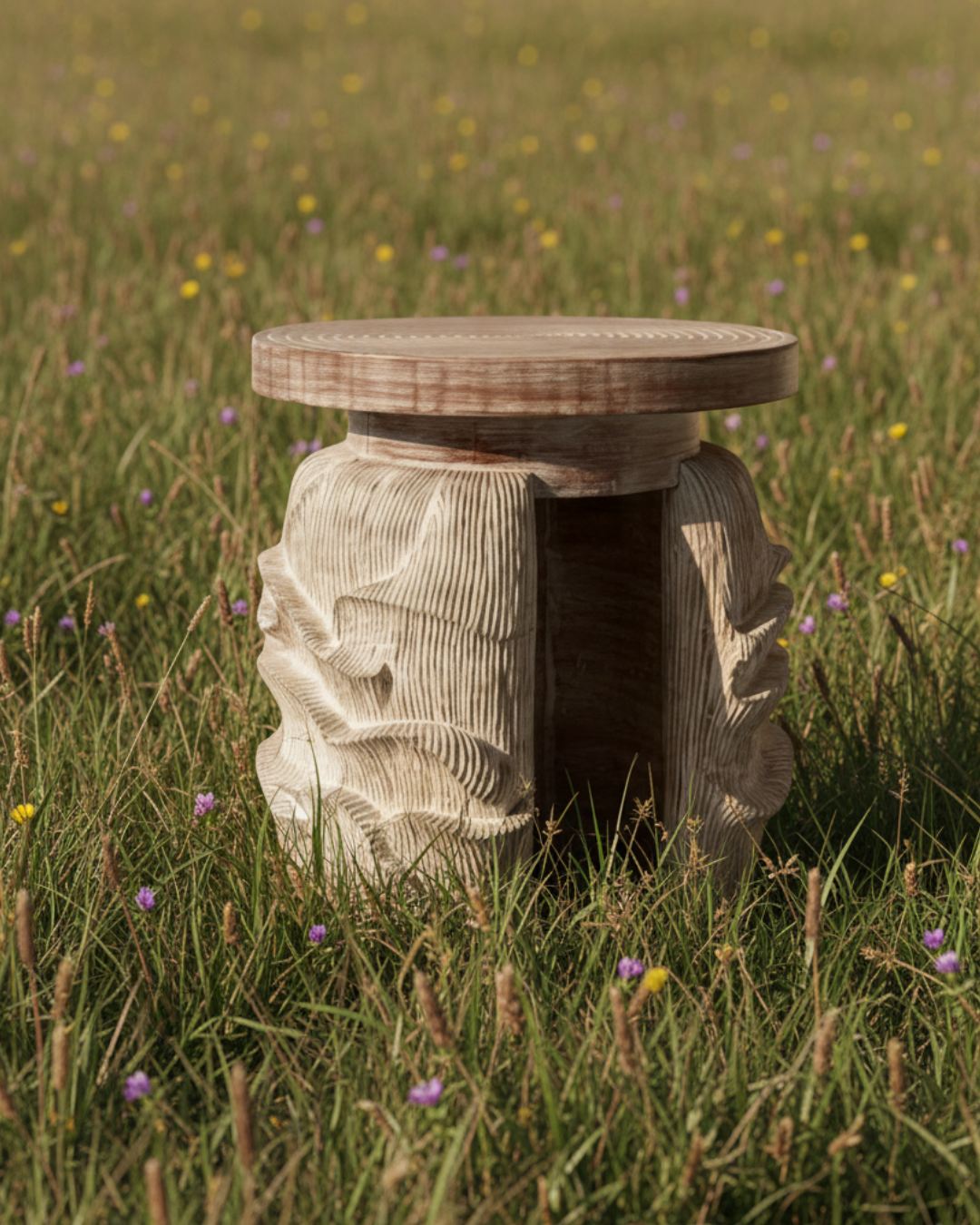 Sculptural wooden side table in a flowered field