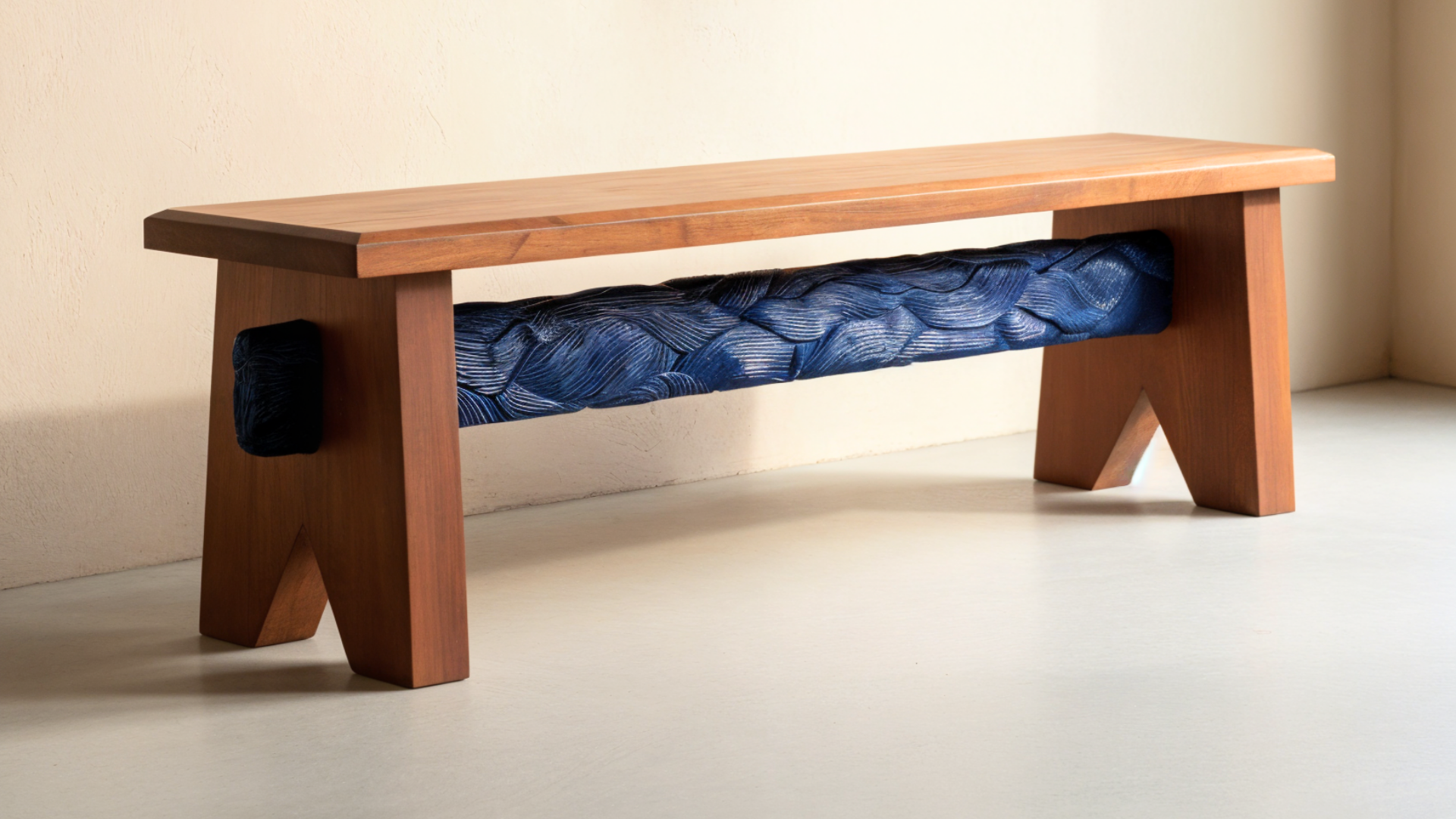 Wooden bench with a carved blue stretcher